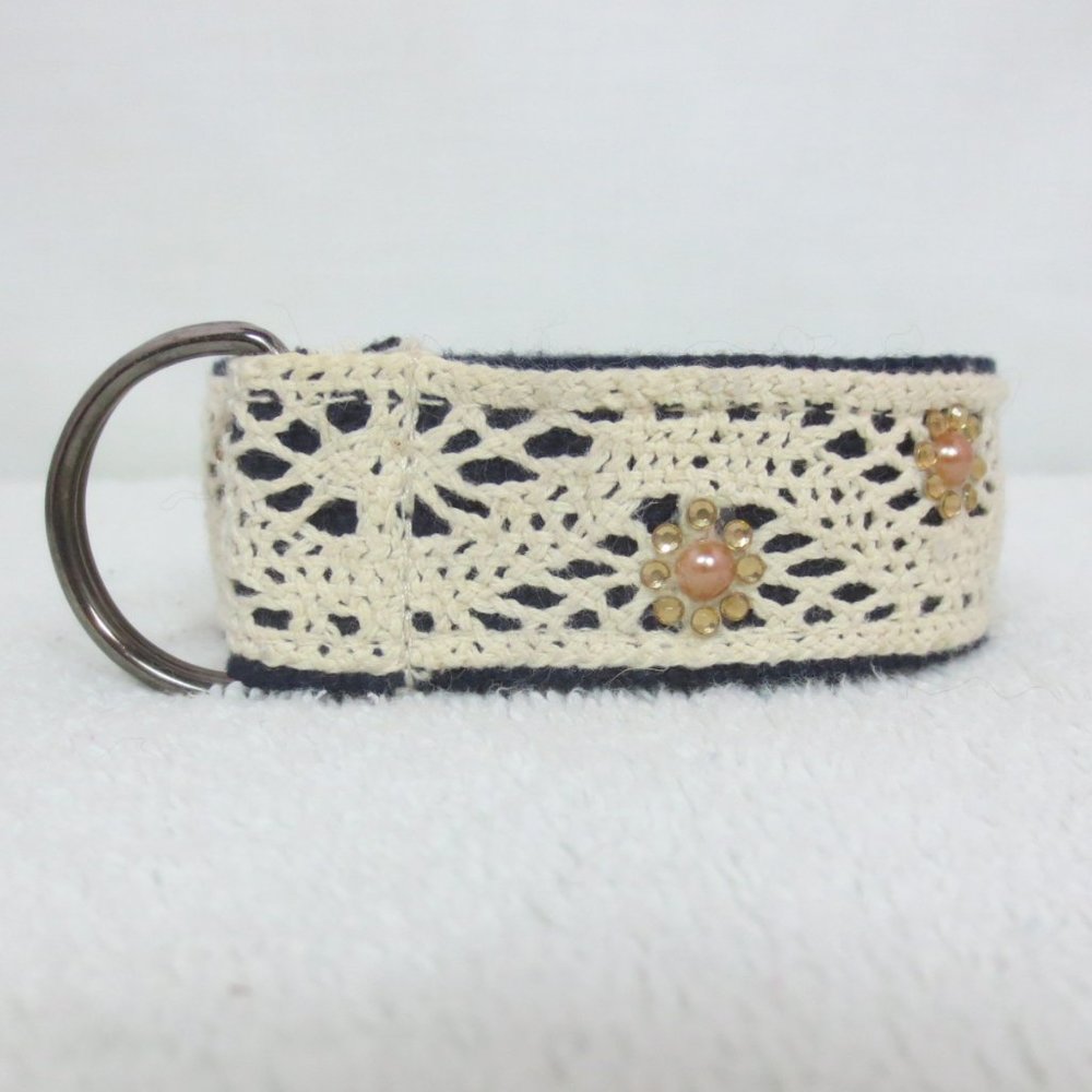 New Handcrafted Belt 90s Black Web Crochet Sparkle Flower Detail D Ring Size 16